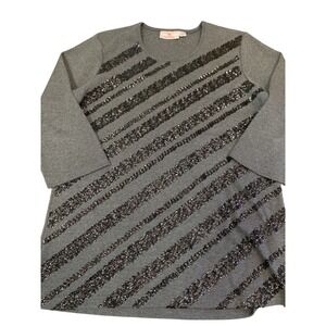 Women's‎ S Quacker Factory Gray Black Beaded Striped 3/4 Sleeve Blouse